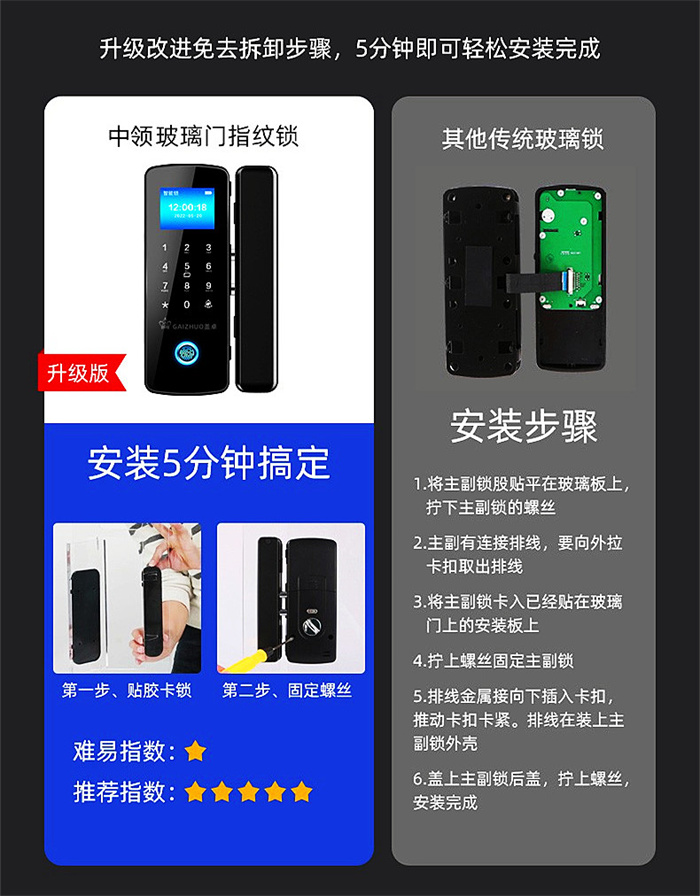 GAIZHUO玻璃门指纹锁盖卓508型号